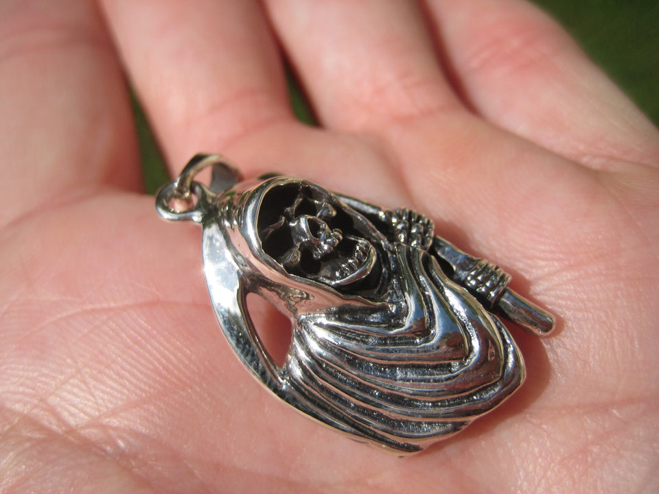 925 Silver Grim Reaper Skull Pendant Necklace A2885