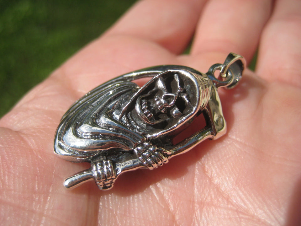 925 Silver Grim Reaper Skull Pendant Necklace A2885