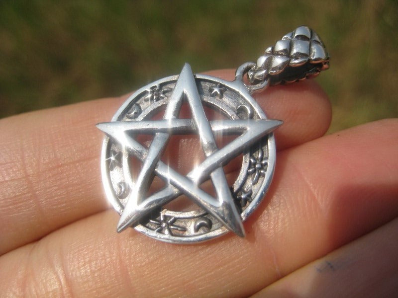 925 sterling silver star and moon wicca inverted pentagram pendant necklace