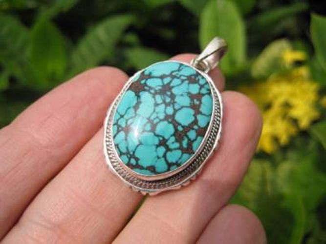 925 Silver Tibetan Turquoise stone crystal Pendant Necklace Nepal N7544