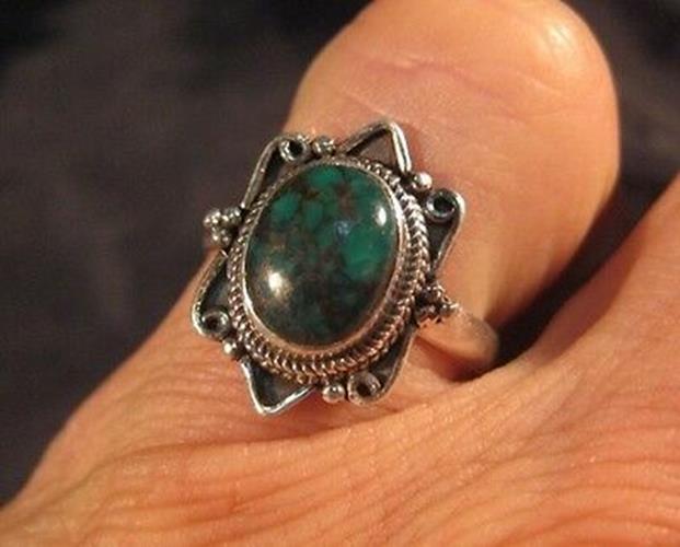 925 Silver Tibetan Turquoise crystal stone Ring Nepal jewelry art Size 6.5 N3896