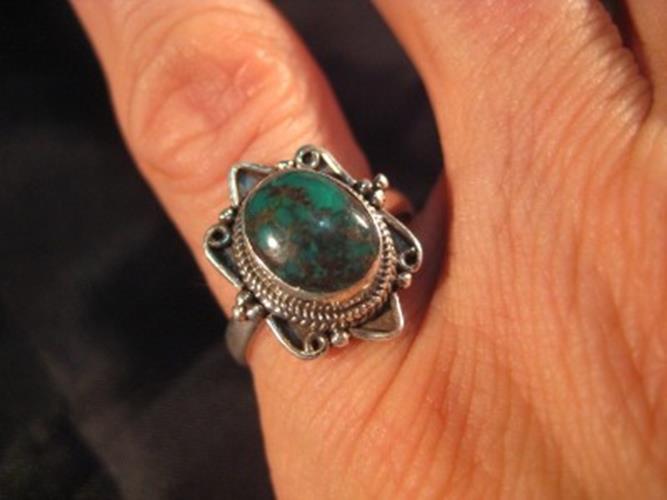 925 Silver Tibetan Turquoise crystal stone Ring Nepal jewelry art Size 6.5 N3896