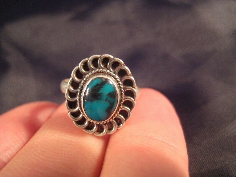 925 Silver Tibetan Turquoise crystal stone Ring Nepal jewelry art Size 4.5 N376