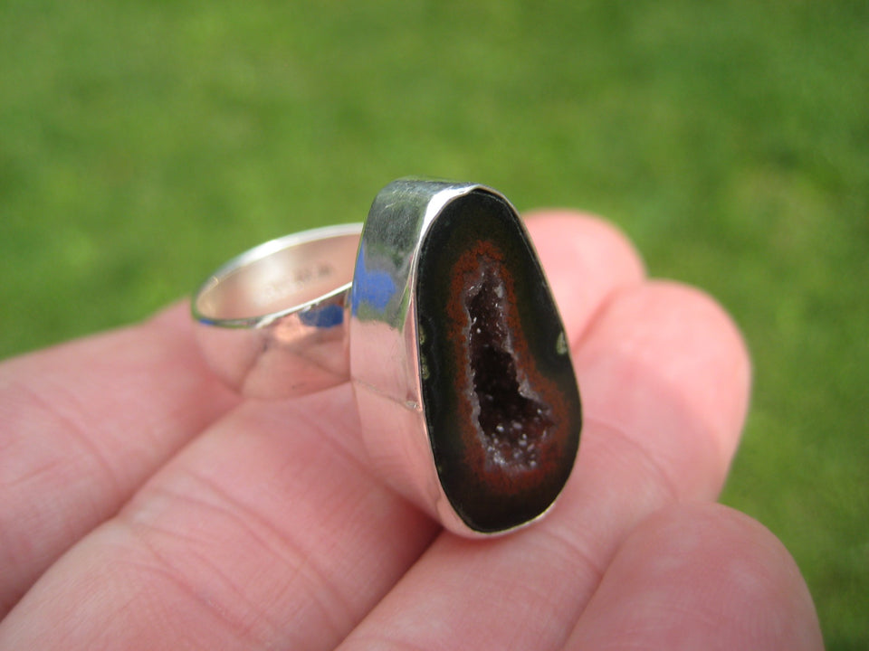 925 Silver Agate Geode Druzi Stone Ring Taxco Mexico Size 7.75 Adjustable A3521