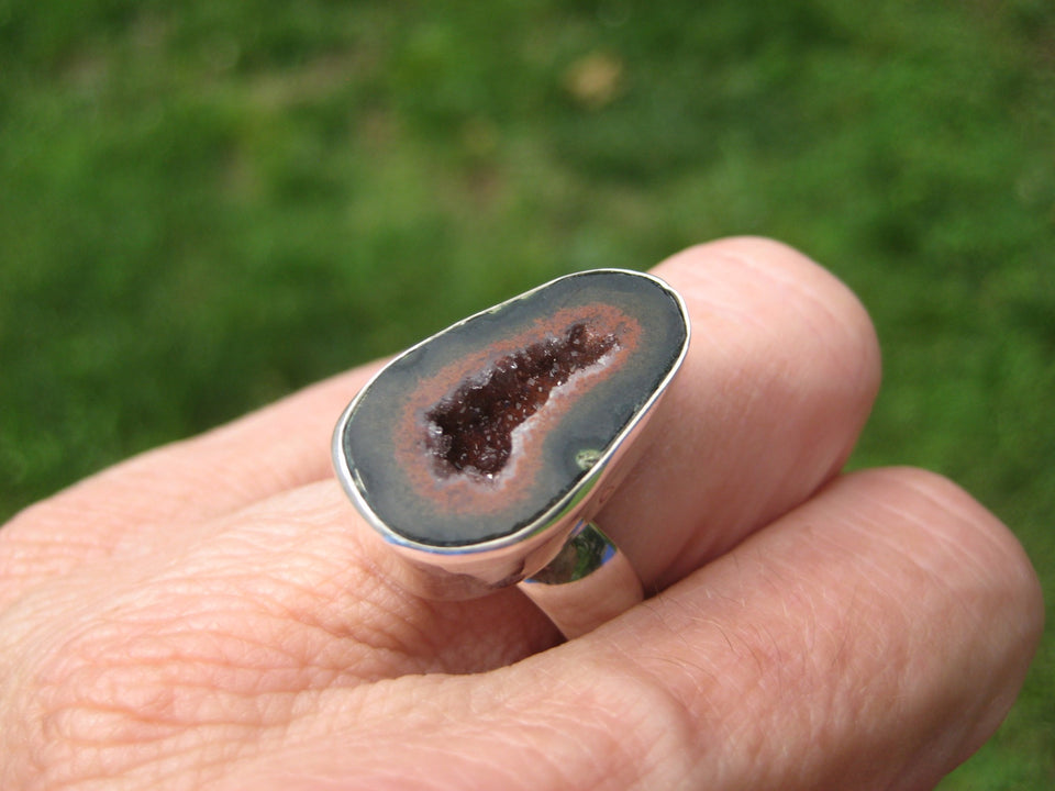 925 Silver Agate Geode Druzi Stone Ring Taxco Mexico Size 7.75 Adjustable A3521