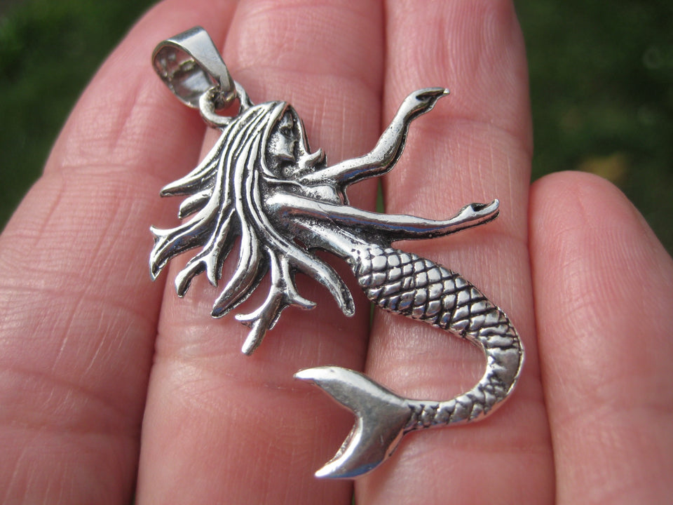 925 Silver Mermaid Fish Pendant Necklace Taxco Mexico A8753