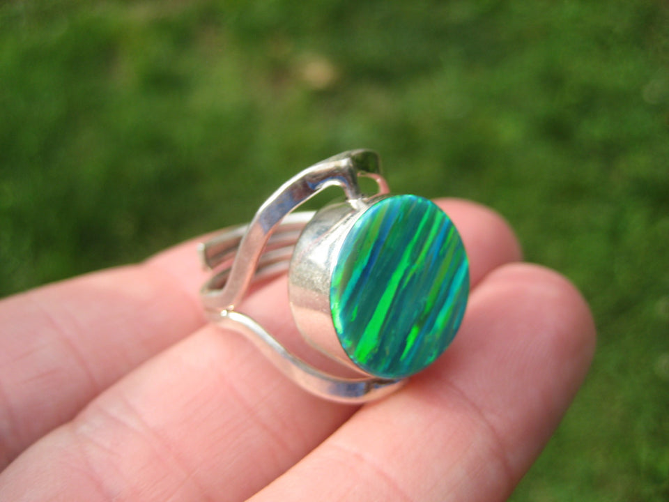 925 Silver Lab Created Opal Stone Ring 7 US A8543