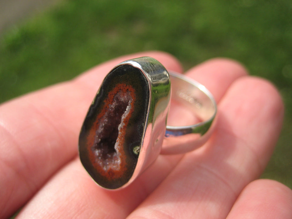 925 Silver Agate Geode Druzi Stone Ring Taxco Mexico Size 7.75 Adjustable A3521