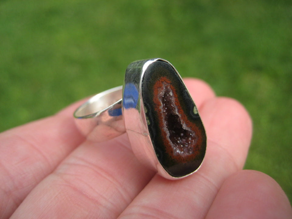 925 Silver Agate Geode Druzi Stone Ring Taxco Mexico Size 7.75 Adjustable A3521