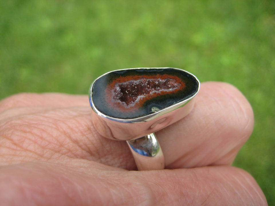 925 Silver Agate Geode Druzi Stone Ring Taxco Mexico Size 7.75 Adjustable A3521