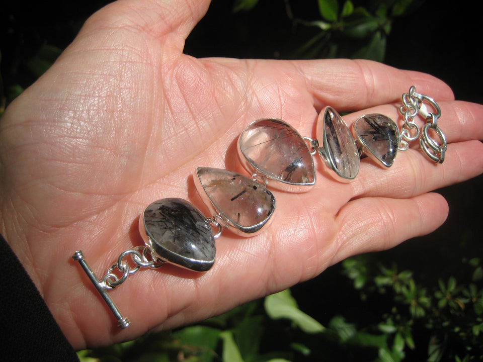 925 Silver Quartz Black Rutile Mineral Stone Bracelet Taxco Mexico A3756