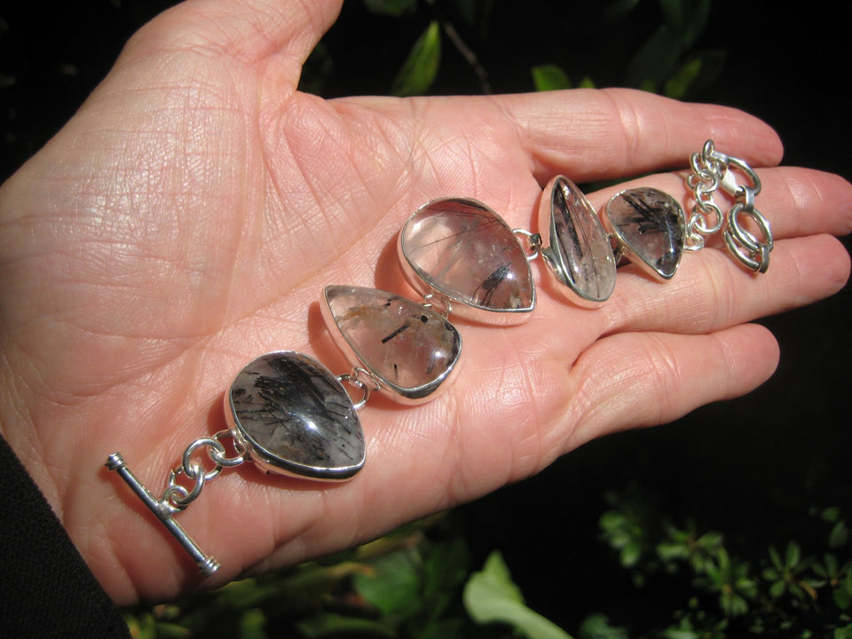 925 Silver Quartz Black Rutile Mineral Stone Bracelet Taxco Mexico A3756