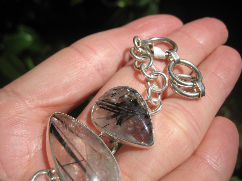 925 Silver Quartz Black Rutile Mineral Stone Bracelet Taxco Mexico A3756