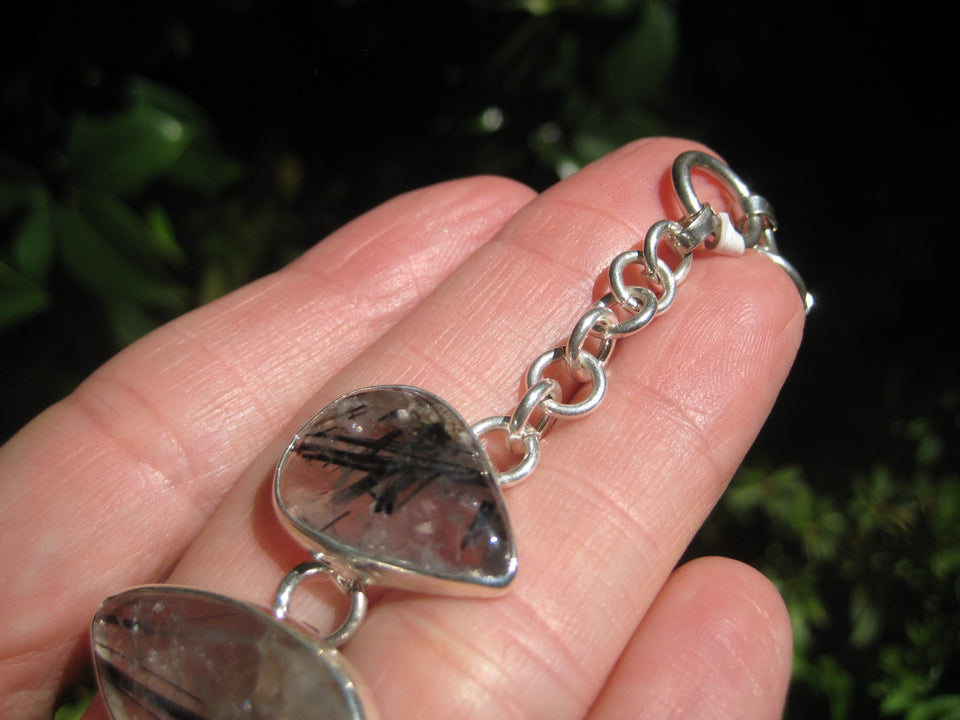 925 Silver Quartz Black Rutile Mineral Stone Bracelet Taxco Mexico A3756