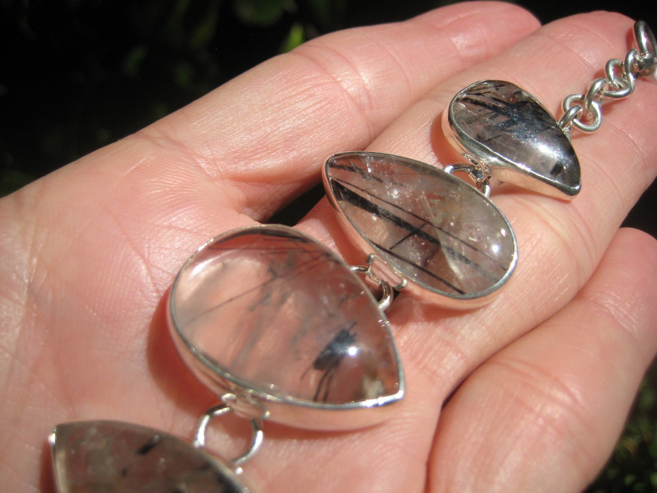 925 Silver Quartz Black Rutile Mineral Stone Bracelet Taxco Mexico A3756