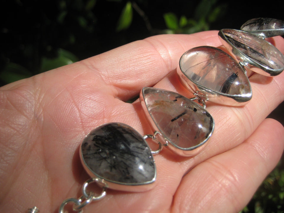 925 Silver Quartz Black Rutile Mineral Stone Bracelet Taxco Mexico A3756