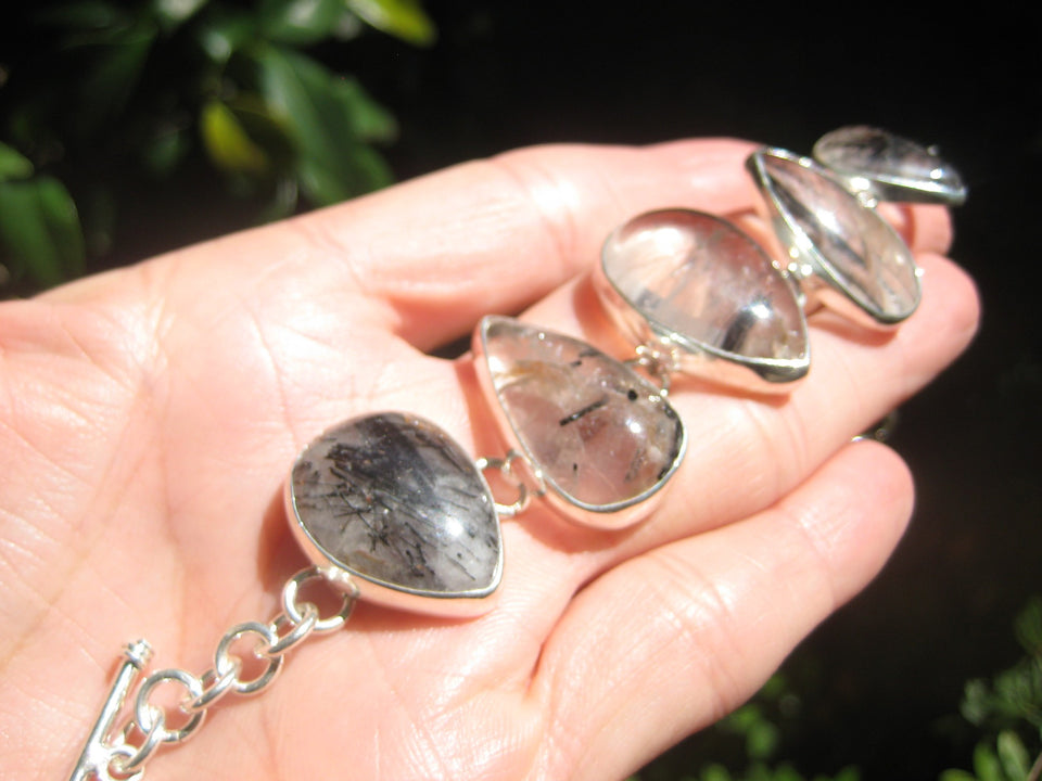 925 Silver Quartz Black Rutile Mineral Stone Bracelet Taxco Mexico A3756