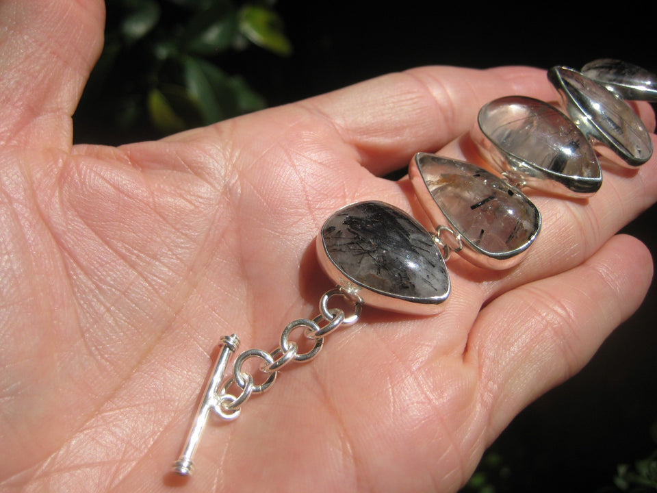 925 Silver Quartz Black Rutile Mineral Stone Bracelet Taxco Mexico A3756