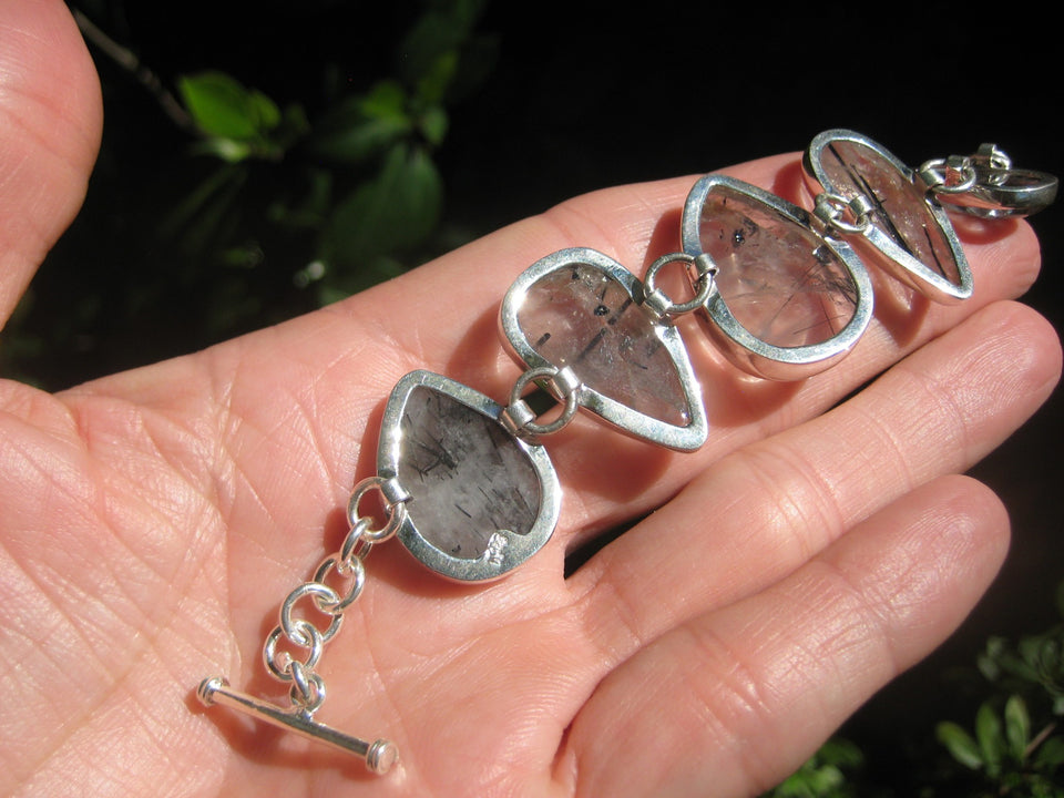 925 Silver Quartz Black Rutile Mineral Stone Bracelet Taxco Mexico A3756