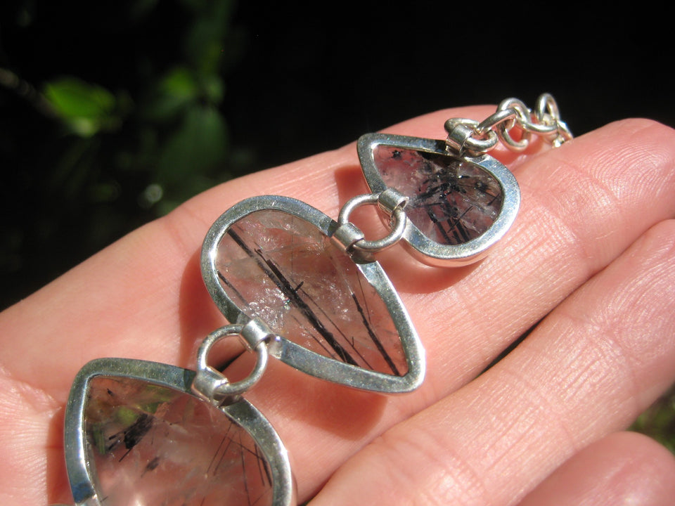 925 Silver Quartz Black Rutile Mineral Stone Bracelet Taxco Mexico A3756