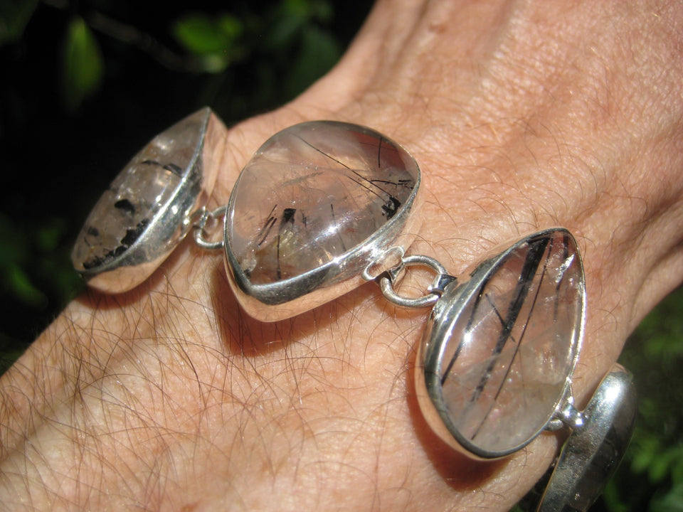 925 Silver Quartz Black Rutile Mineral Stone Bracelet Taxco Mexico A3756