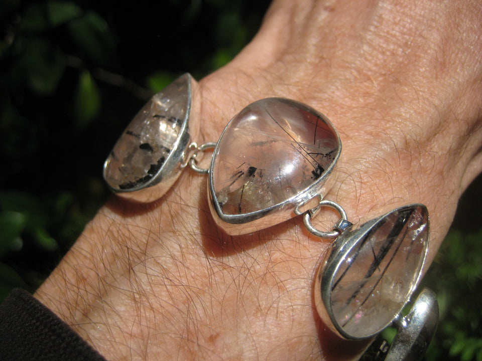 925 Silver Quartz Black Rutile Mineral Stone Bracelet Taxco Mexico A3756