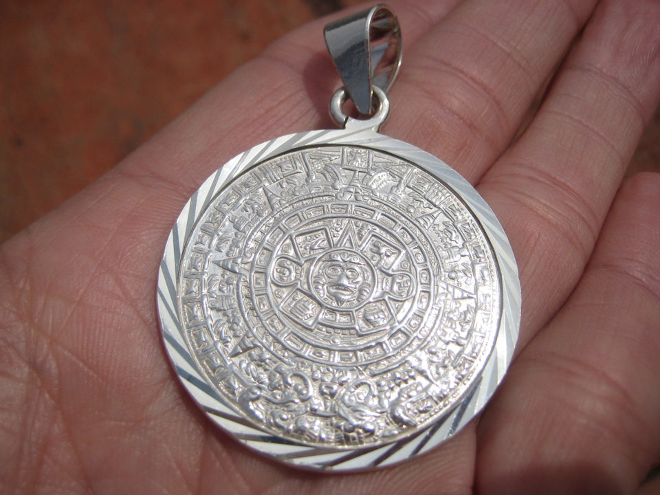 Large 925 Silver Mayan Calendar Pendant Taxco Mexico A2745