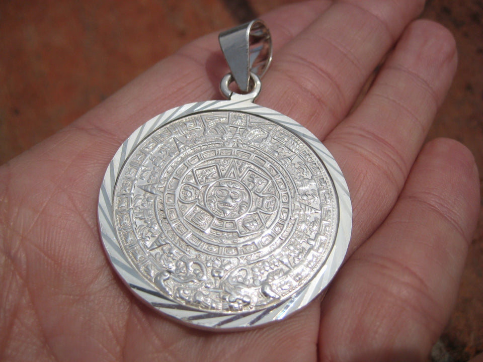 Large 925 Silver Mayan Calendar Pendant Taxco Mexico A2745