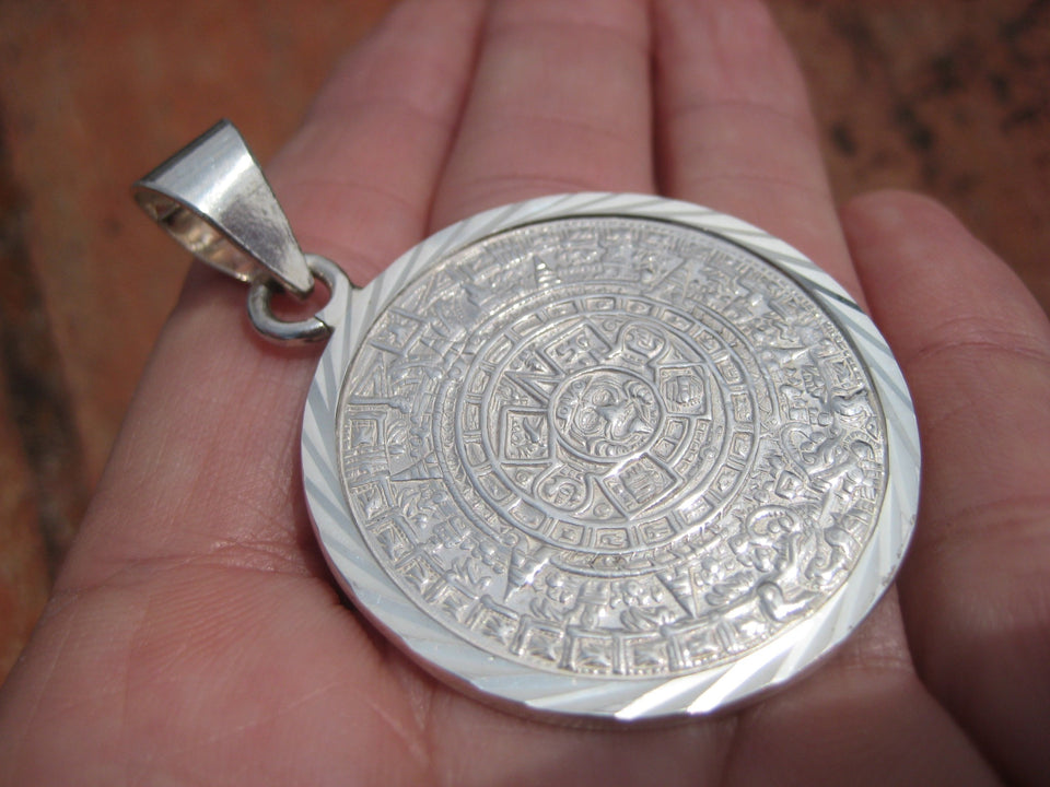Large 925 Silver Mayan Calendar Pendant Taxco Mexico A2745