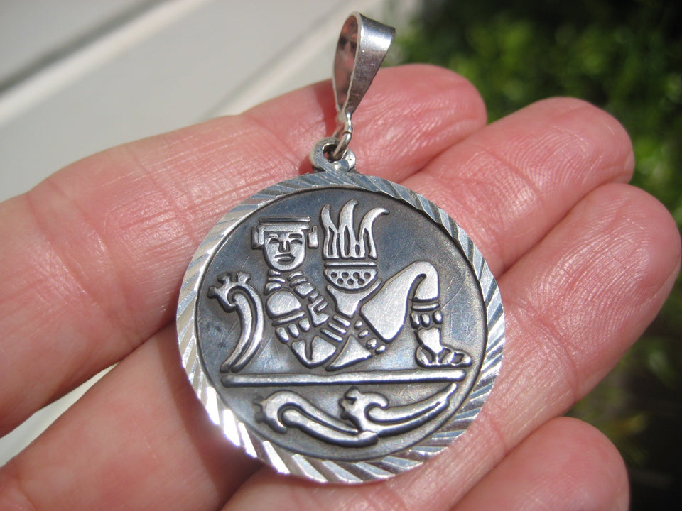 925 Silver Double Sided Mayan God Pakal Necklace Taxco Mexico A2746