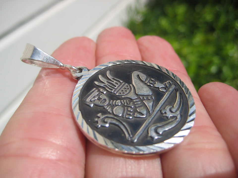 925 Silver Double Sided Mayan God Pakal Necklace Taxco Mexico A2746