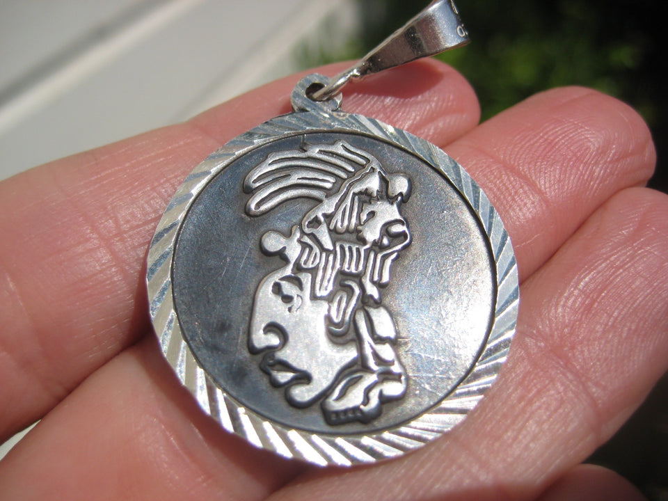 925 Silver Double Sided Mayan God Pakal Necklace Taxco Mexico A2746