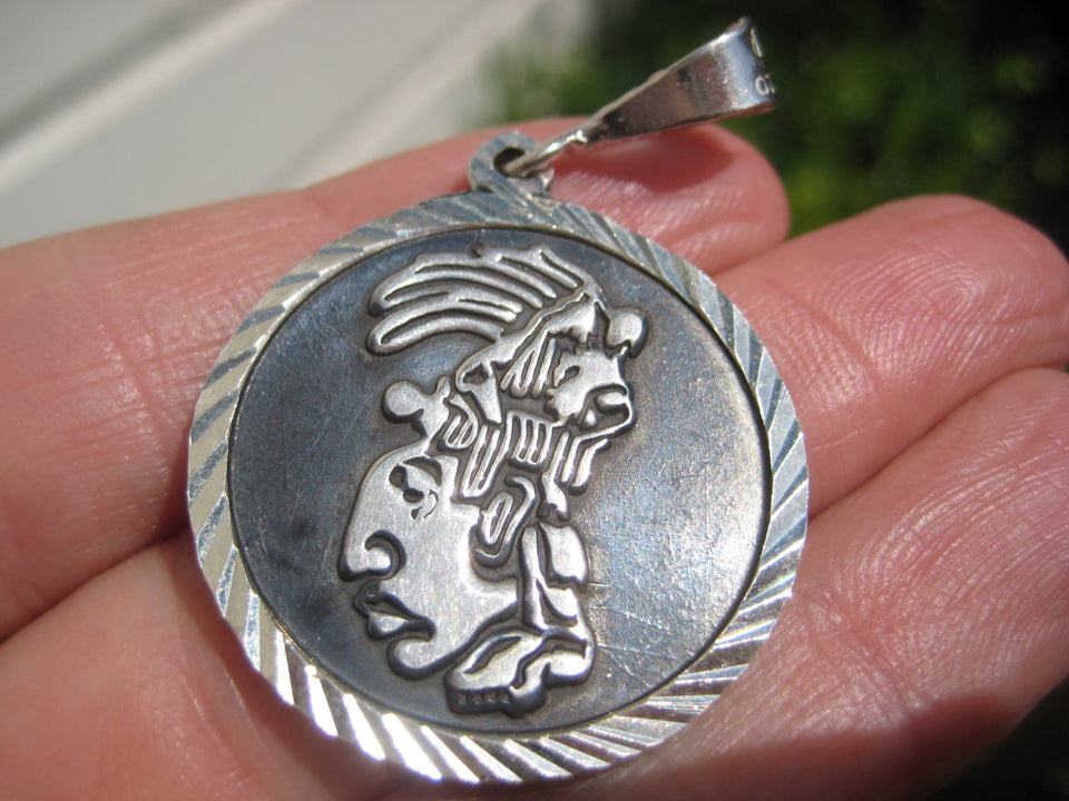 925 Silver Double Sided Mayan God Pakal Necklace Taxco Mexico A2746