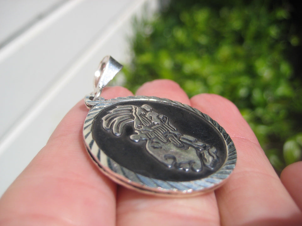 925 Silver Double Sided Mayan God Pakal Necklace Taxco Mexico A2746