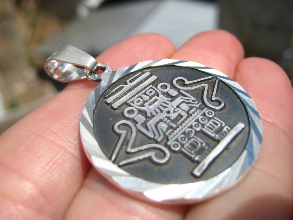 925 Silver Mayan Aztec God Mayan Calendar Pendant Necklace Taxco Mexico A7041