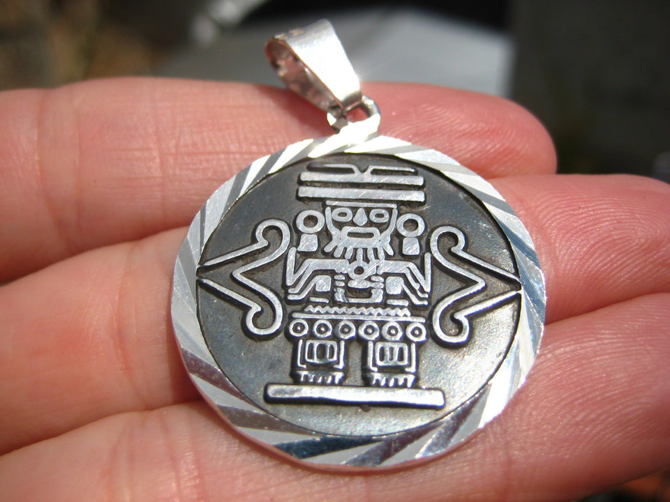 925 Silver Mayan Aztec God Mayan Calendar Pendant Necklace Taxco Mexico A7041