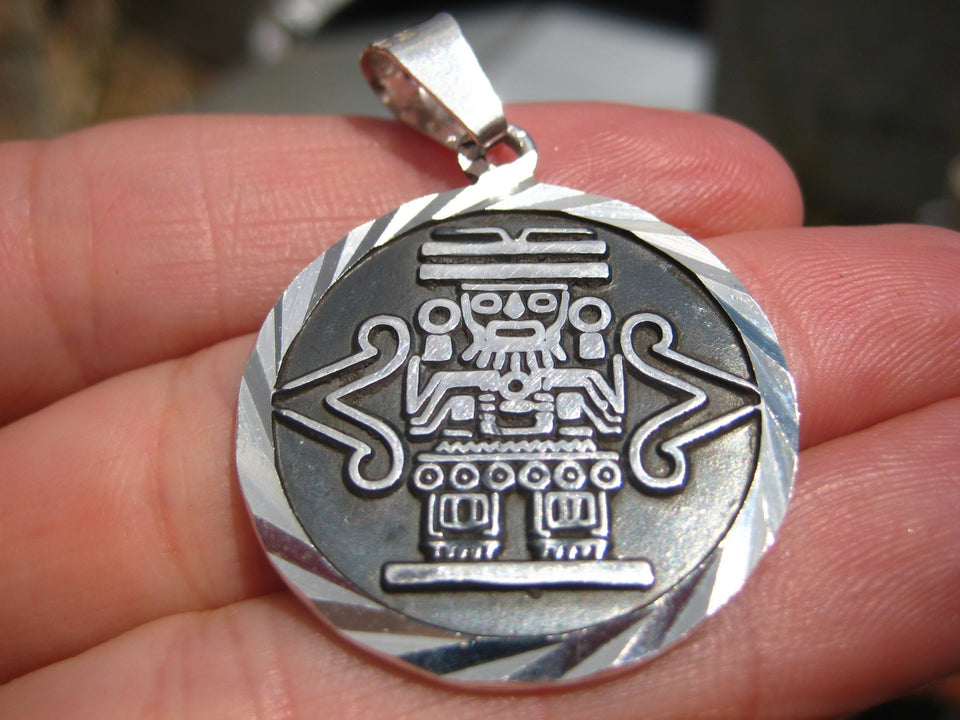 925 Silver Mayan Aztec God Mayan Calendar Pendant Necklace Taxco Mexico A7041