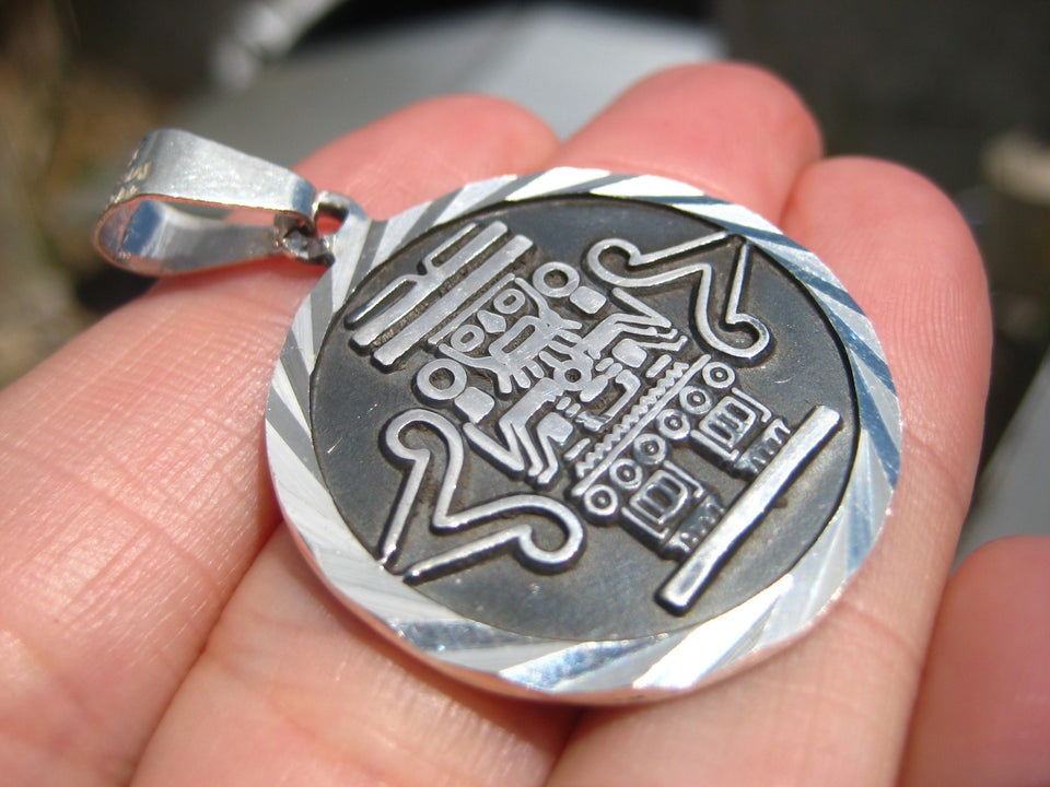 925 Silver Mayan Aztec God Mayan Calendar Pendant Necklace Taxco Mexico A7041