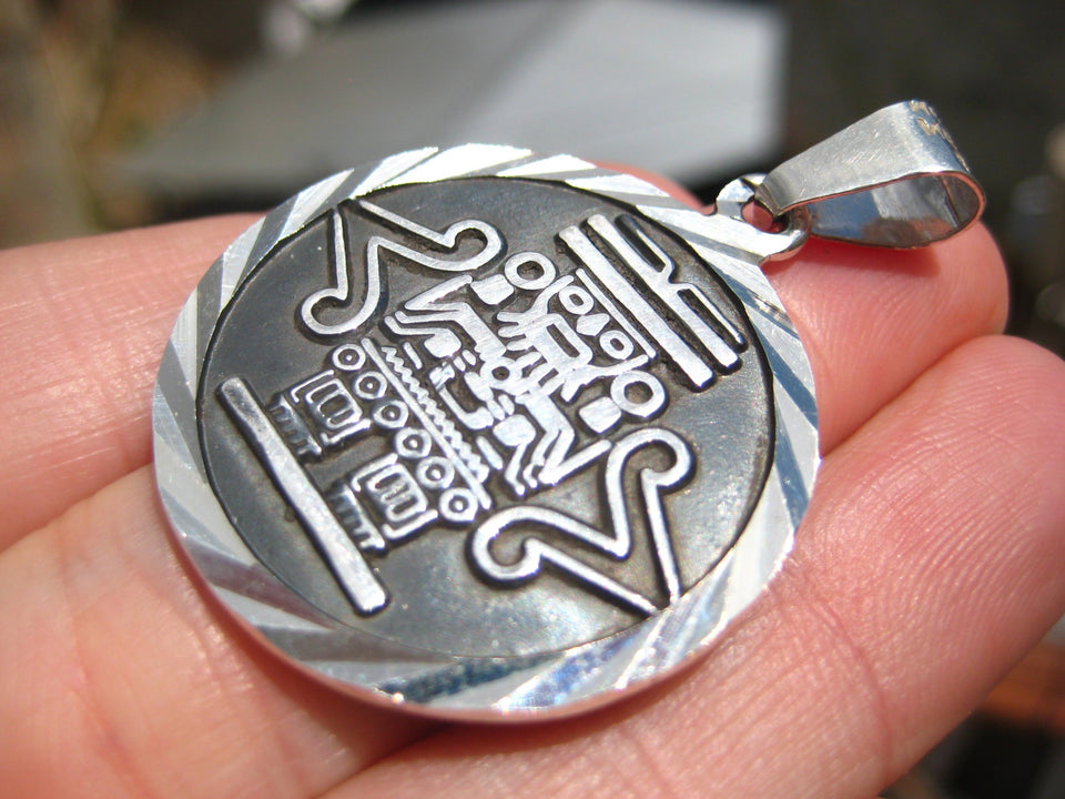 925 Silver Mayan Aztec God Mayan Calendar Pendant Necklace Taxco Mexico A7041