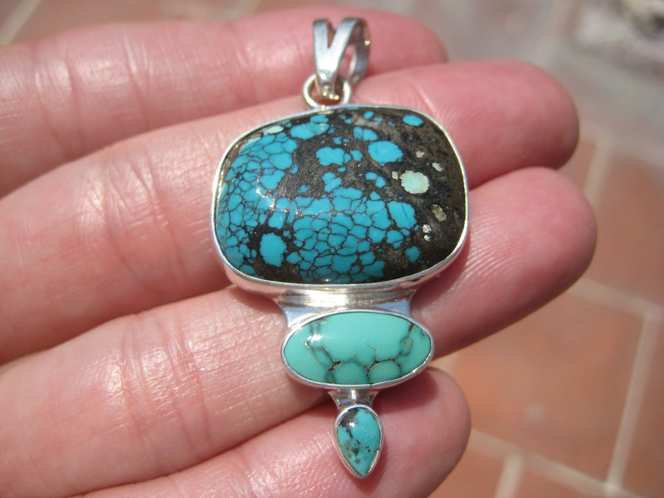 925 Silver Natural Arizona Turquoise Pendant Necklace Taxco Mexico A574