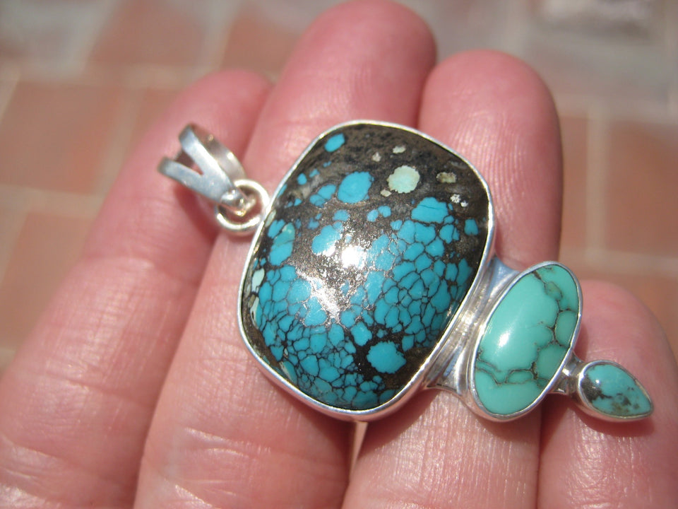 925 Silver Natural Arizona Turquoise Pendant Necklace Taxco Mexico A574