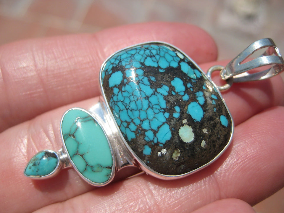 925 Silver Natural Arizona Turquoise Pendant Necklace Taxco Mexico A574