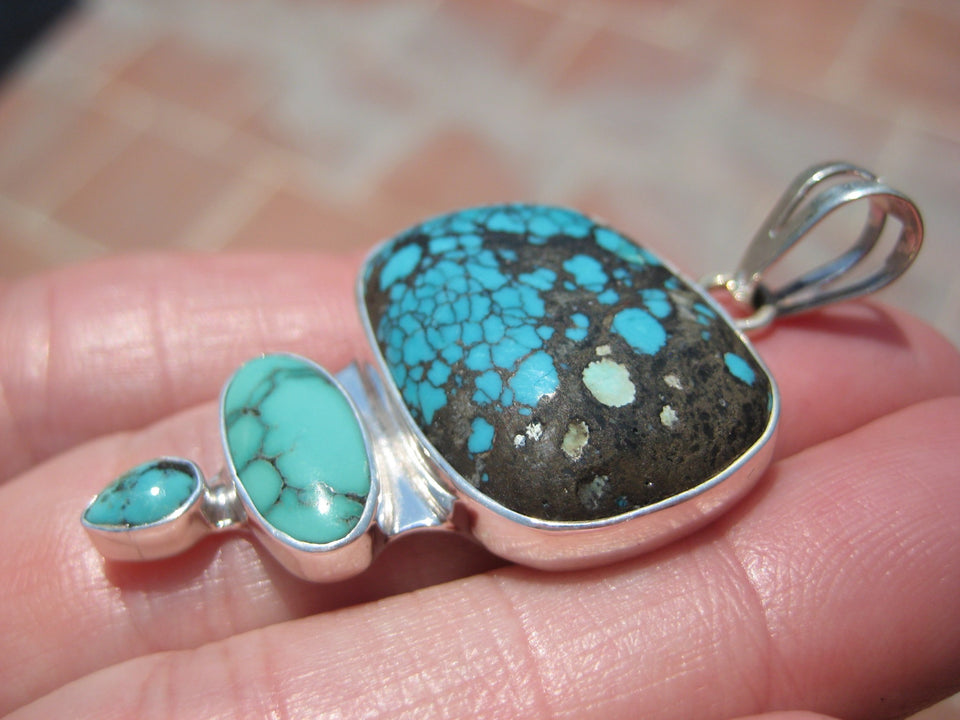 925 Silver Natural Arizona Turquoise Pendant Necklace Taxco Mexico A574