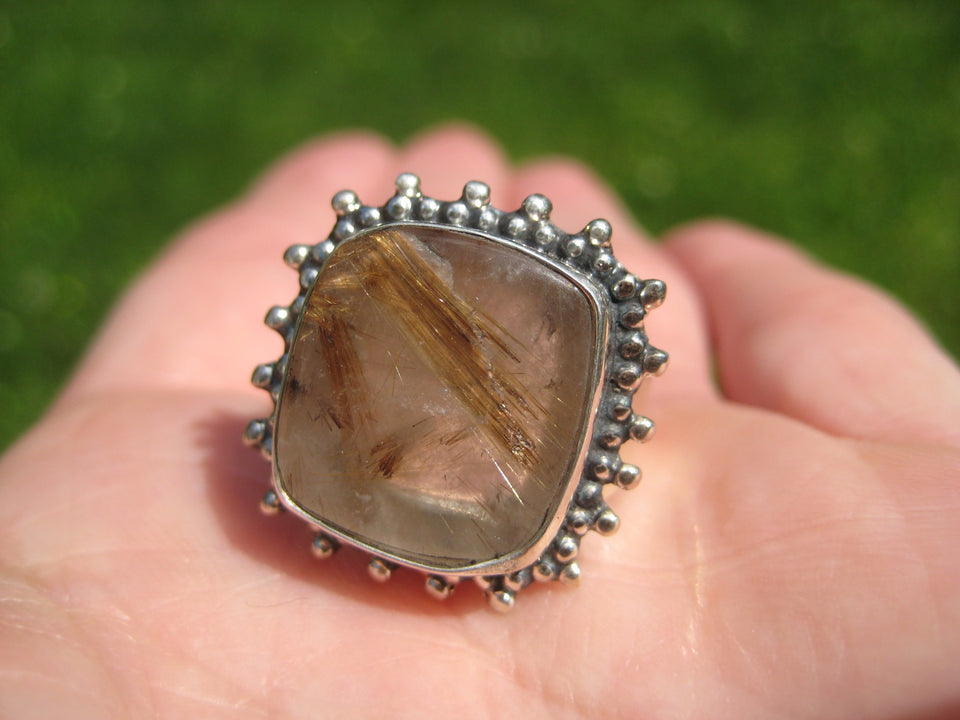 925 Silver Golden Rutile Quartz Stone Ring Taxco Size 7.25 Adjustable A6377