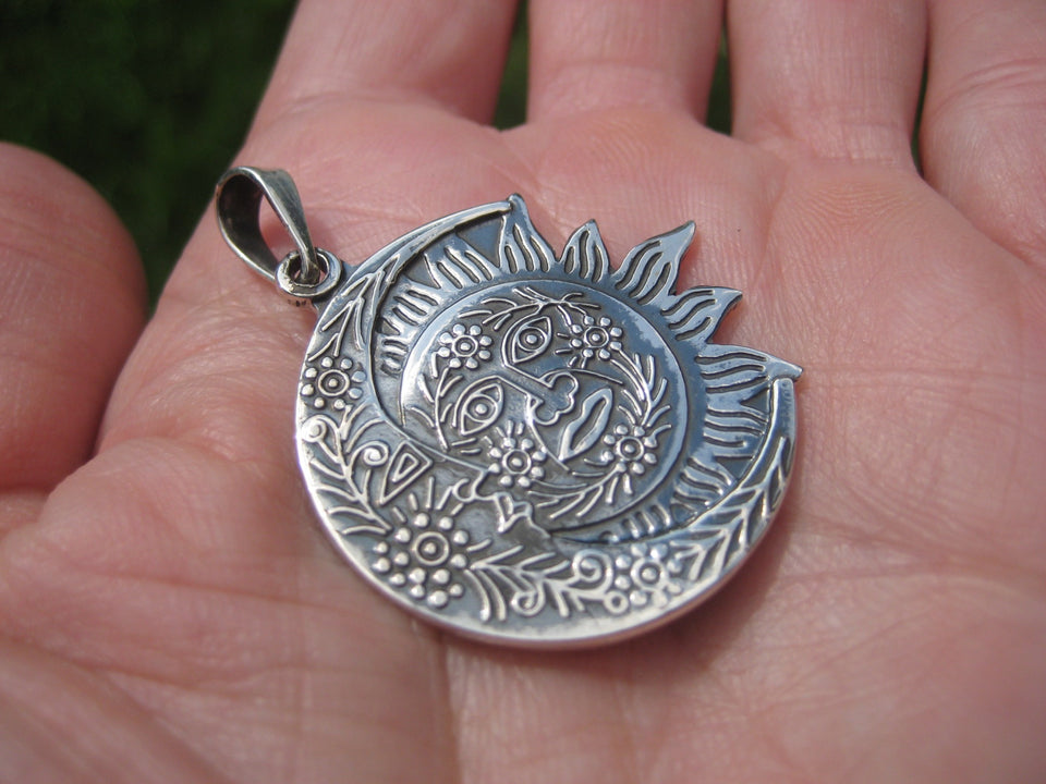950 Silver Sun Moon Pendant Taxco Mexico A2644