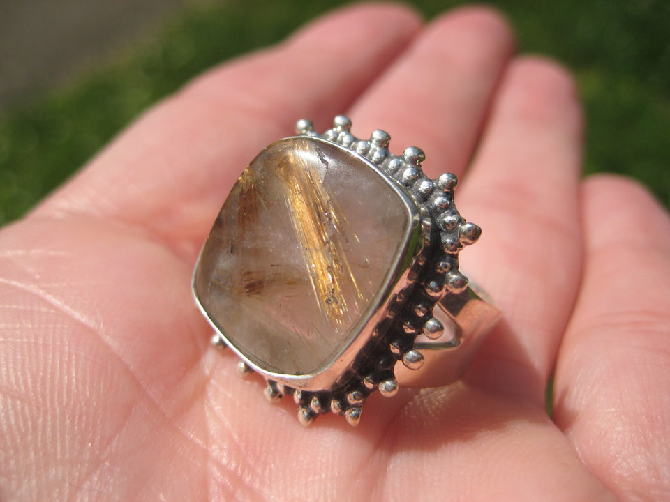 925 Silver Golden Rutile Quartz Stone Ring Taxco Size 7.25 Adjustable A6377