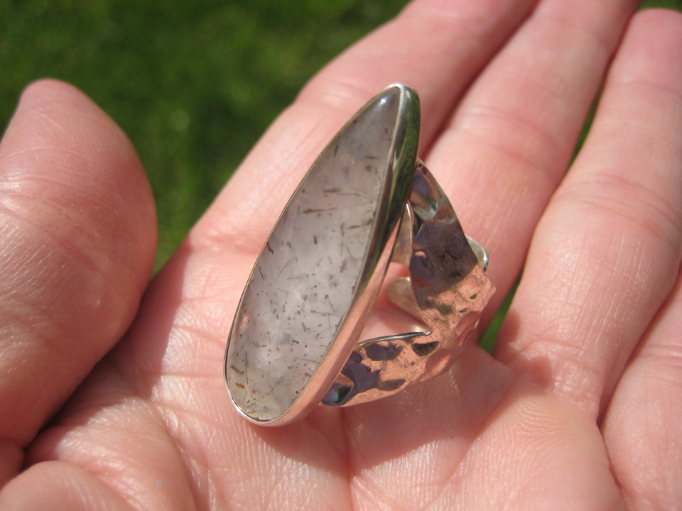 925 Silver Black Rutile Quartz Ring Taxco Mexico Size 8 Adjustable A2588