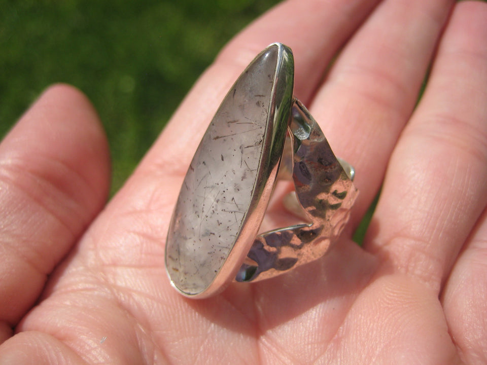 925 Silver Black Rutile Quartz Ring Taxco Mexico Size 8 Adjustable A2588