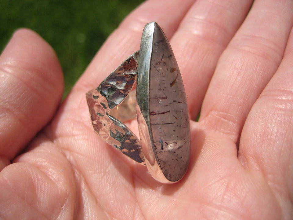 925 Silver Black Rutile Quartz Ring Taxco Mexico Size 8 Adjustable A2588