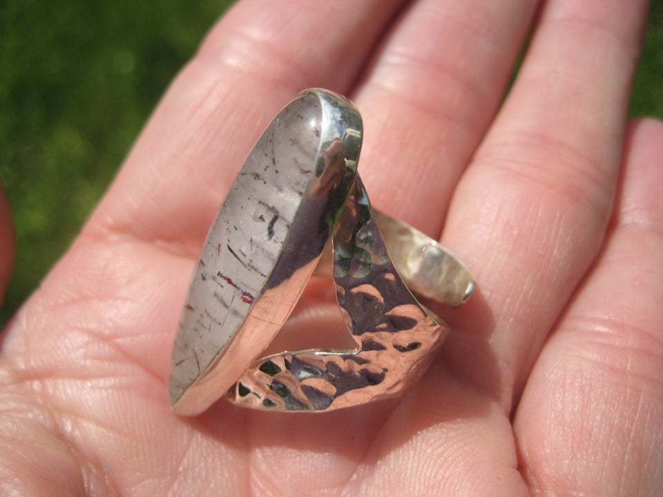 925 Silver Black Rutile Quartz Ring Taxco Mexico Size 8 Adjustable A2588
